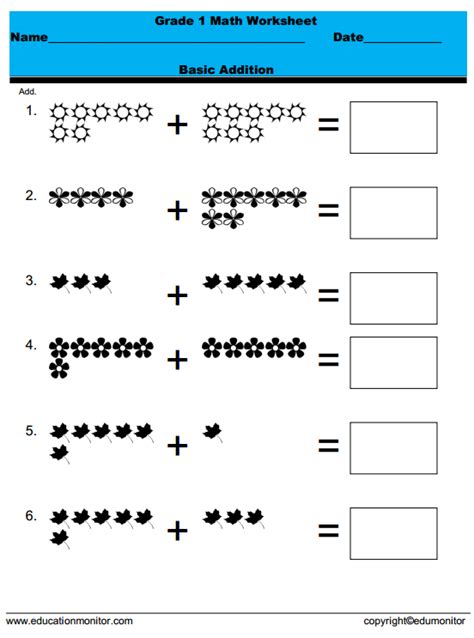 Coloring shapes and counting them. Addition for 1st Grade, free printable worksheets, games,