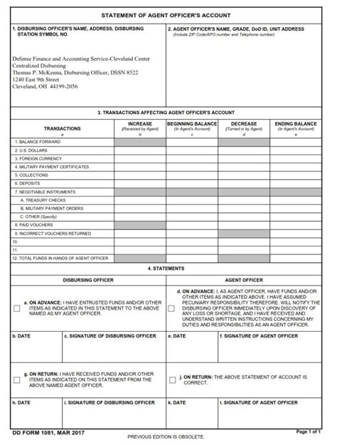 Dd Form 1081 Statement Of Agent Officers Account Dd Forms