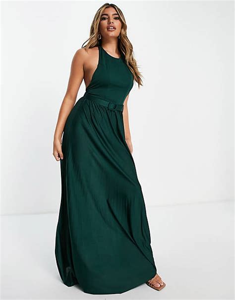Asos Design Halter Belted Pleated Maxi Dress In Forest Green Asos