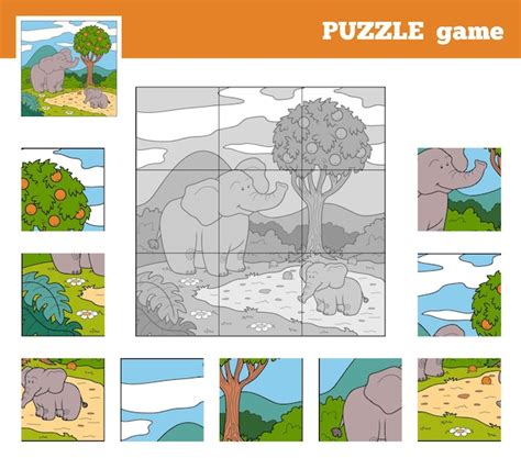 Игра головоломка для детей с животными слон Премиум векторы