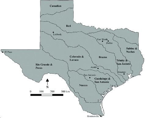Map Of Texas With Major Drainage Basins Outlined And Labeled Also