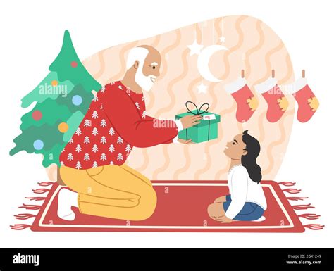 Grandfather Giving Christmas T To Granddaughter Flat Vector