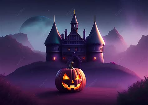 Haunted House Halloween Background With Scary Pumpkins Haunted House