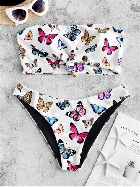 [35 off] 2021 zaful reversible butterfly print knotted bandeau bikini swimwear in multi a zaful