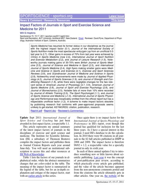 Impact Factors of Journals in Sport and Exercise ...