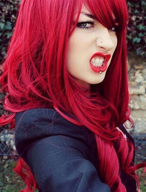 Bright Red Hair With Side Swept Bangs Curls Bold Hair