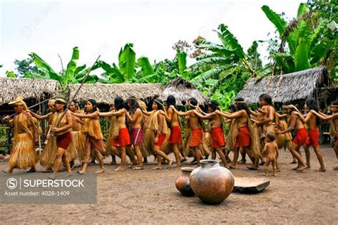 Iquitos Peru Amazon Jungle A Yagua Tribe Does A Cermonial Dance In Their Village Square