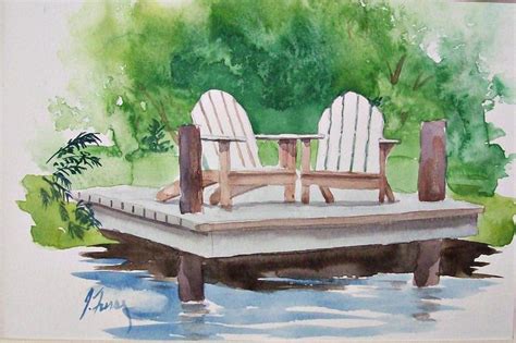 Adirondack Chairs Original Watercolor Painting Lakeside Deck With