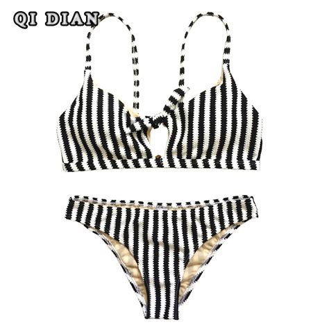 Qi Dian Summer 2018 Bikini Striped Printed Swimsuit Women Bathing Suit Bikini Set Sexy Female