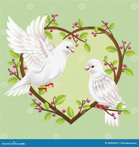 Two Doves On A Heart Shape Tree Stock Vector Illustration Of Green