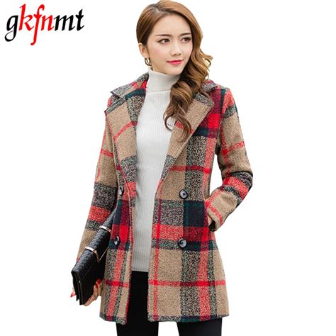 2018 women plaid coat autumn winter long jacket female turn down collar blends woolen warm slim