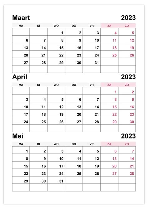 Kalender Maart April Mei 2023