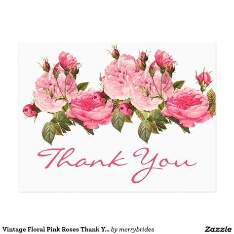 Vintage Floral Pink Roses Thank You Flower Postcard Merrybrides