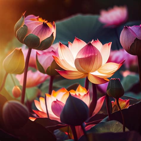 Premium Photo Beautiful Lotus Flower Close Up With Sunset Background