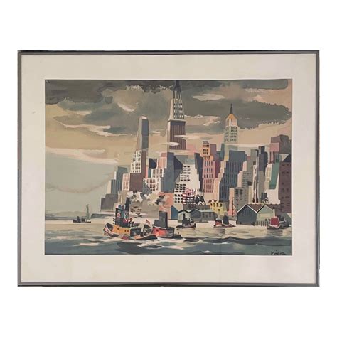 New York Harbor Cityscape Signed Watercolor Painting