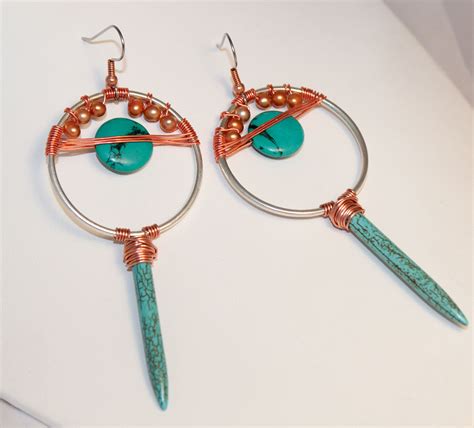 Turquoise Magnesite Copper Earrings Geometric Circle Pearl Wire Wrap