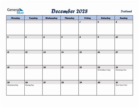 December 2028 Iceland Monthly Calendar With Holidays