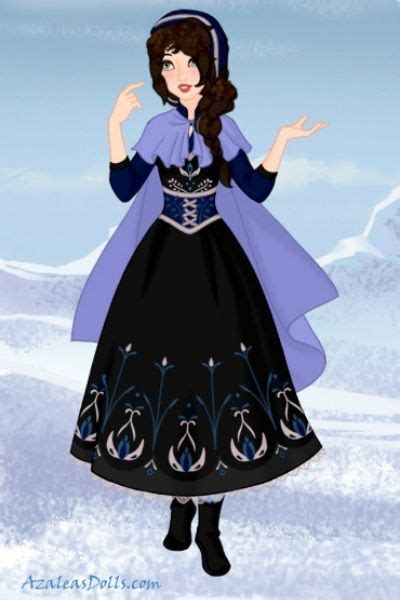 A Drawing Of A Woman In A Blue And Black Dress Standing On Snow Covered