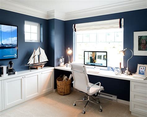 Home Office Ideas Blue Walls With White Furnitures Minimalist Desk Design Ideas