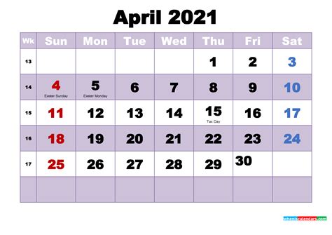 Free Printable April 2021 Calendar Word