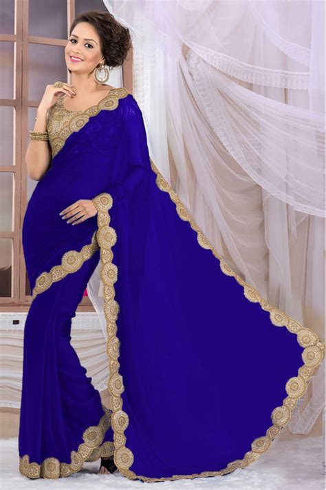 Blue Plain Georgette Saree With Blouse Ethnicbasket 499452