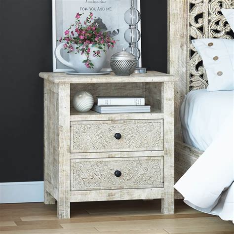 Calistoga Weathered Handcarved Solid Wood White Nightstand With Drawer