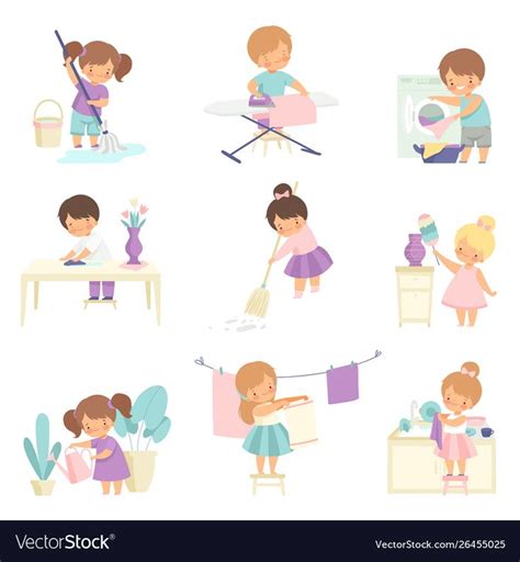 Cute Adorable Kids Doing Housework Chores At Home Set Cute Little Boys