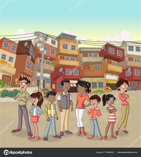 Street Poor Neighborhood Cartoon Happy Black People Slum Favela — Stock