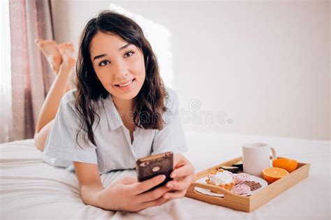 Young Woman Eating Healthy Breakfast In Bed Stock Image Image Of Meal