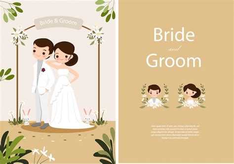 Cute Bride And Groom On Wedding Invitations Card Template Vector