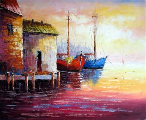 Oil Painting On Canvas Harbour Sailing Ship Boat Port Ebay