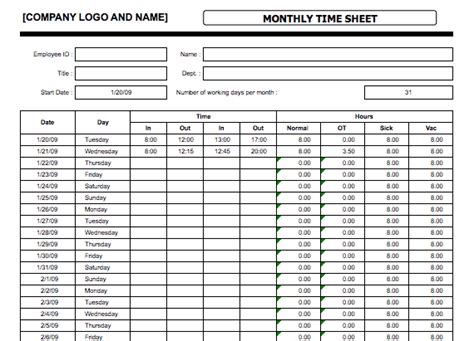 4 Monthly Timesheet Templates Excel Xlts