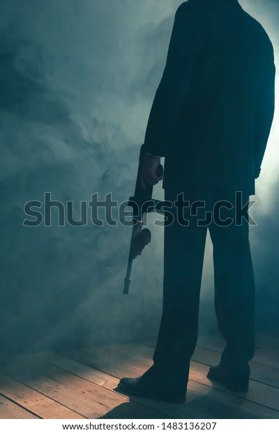 Retro Gangster Stands Machine Gun Smoky Stock Photo 1483136207