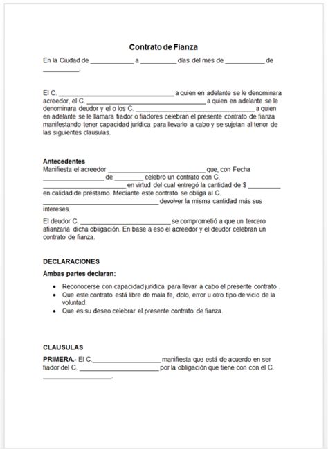 Contrato De Fianza Ejemplos Y Formatos Word Y Pdf Para Imprimir