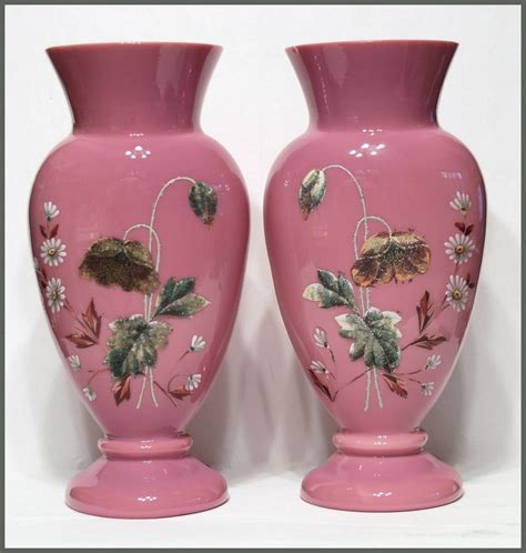 Pair Victorian Vases Pink Cased Glass Coralene Enameled From Tolw On Ruby Lane Victorian