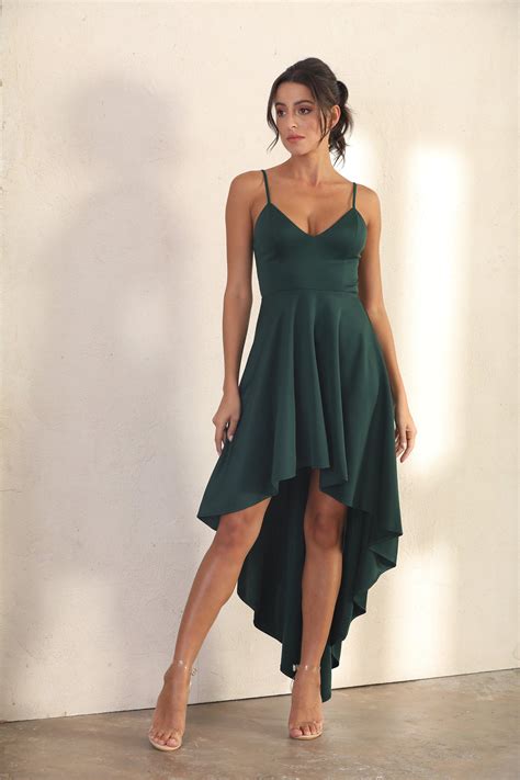 Spaghetti Strap Slip Dress With Ruffle Asymmetric Hem In Green Miss