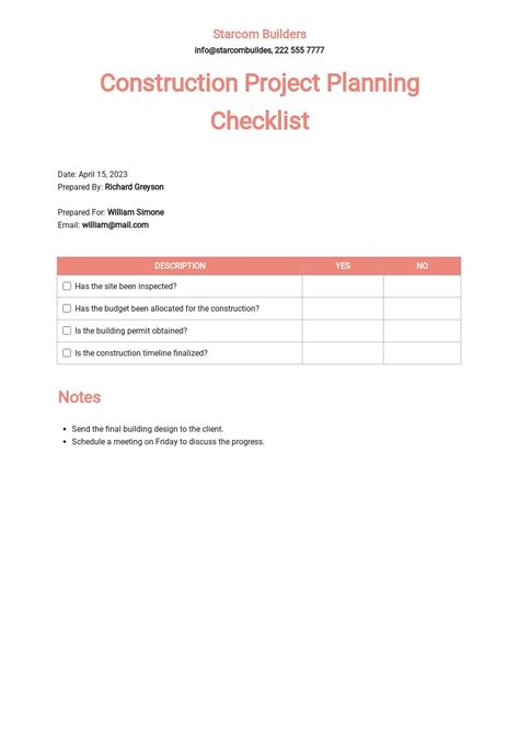 Construction Project Management Checklist Template
