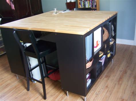 A simple laminate top can be set on top of a pair of cabinets, low bookshelves, or even sawhorses to create an impromptu table. tall work tables - Google Search | craft room | Pinterest | Tables, Google search and Desks