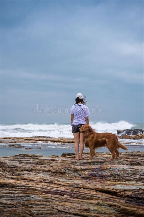 Mujer Y Golden Retriever En La Playa Imagen De Archivo Imagen De Cubo Resaca