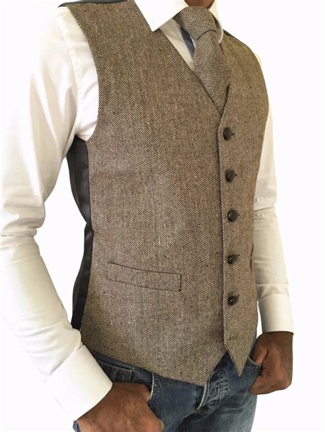 Tweed Vintage Rustic Wedding Vest Mens Wool Herringbone Brown Tweed