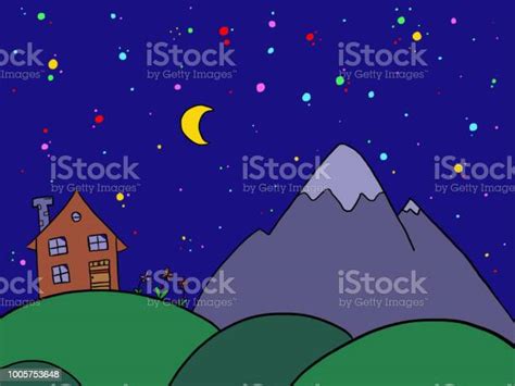 Stars And Moon And Mountains In The Night Sky Cartoon Images Stock