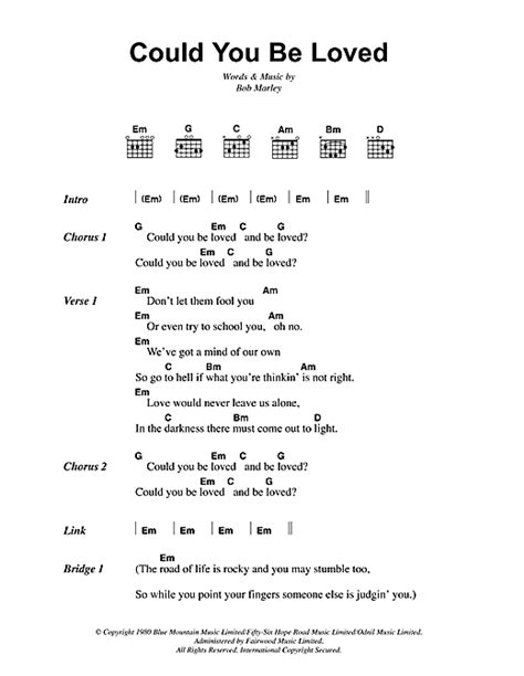 Could You Be Loved Sheet Music By Bob Marley Lyrics And Chords 41812