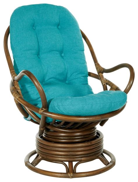 Kauai Rattan Swivel Rocker Chair In Blue Fabric And Brown Rattan Frame