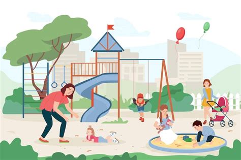 Free Vector Children Playground Flat Composition With Kids Riding On