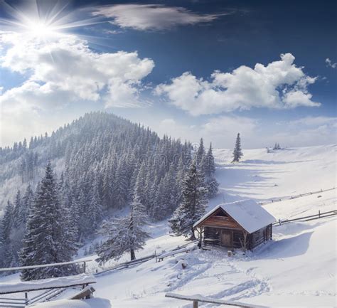 Forester S Hut Covered With Snow In Mountains Stock Image Image Of