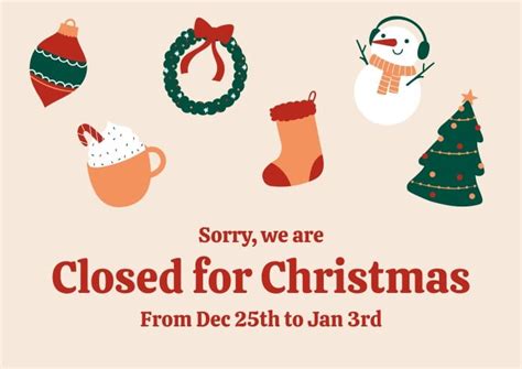 Free Cute Hand Drawn Closed For Christmas Sign Template