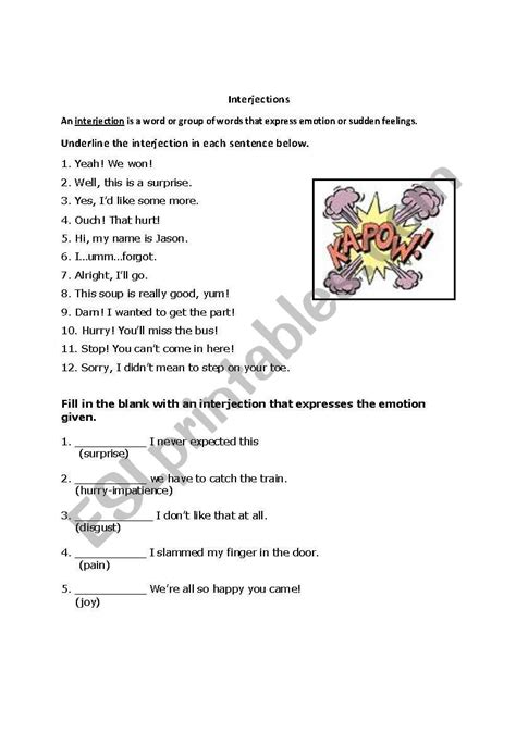 English Worksheets Interjection Worksheet