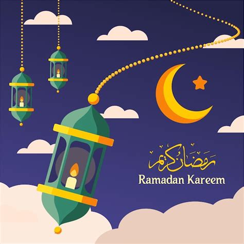 Fondo De Ramadán Kareem Con Linterna En El Cielo Vector Premium