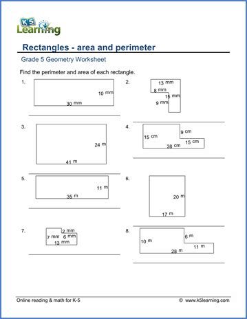 Math online worksheet for grade 4. Grade 5 math worksheet - Geometry: area/perimeter of ...
