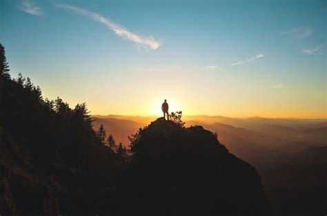 Hd Wallpaper Man Standing On Mountain Peak In Silhouette Photography